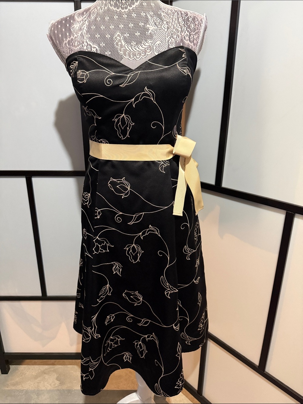 White House Black Market Black Strapless Dress with Cream Floral Accents